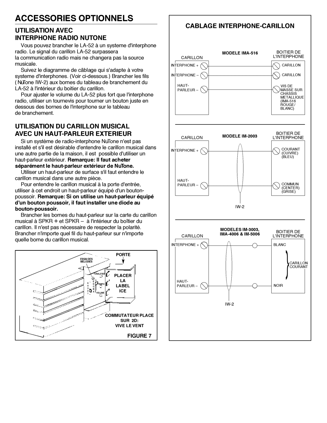 NuTone LA-52 Series Accessories Optionnels, Utilisation Avec Interphone Radio Nutone, Cablage INTERPHONE-CARILLON 