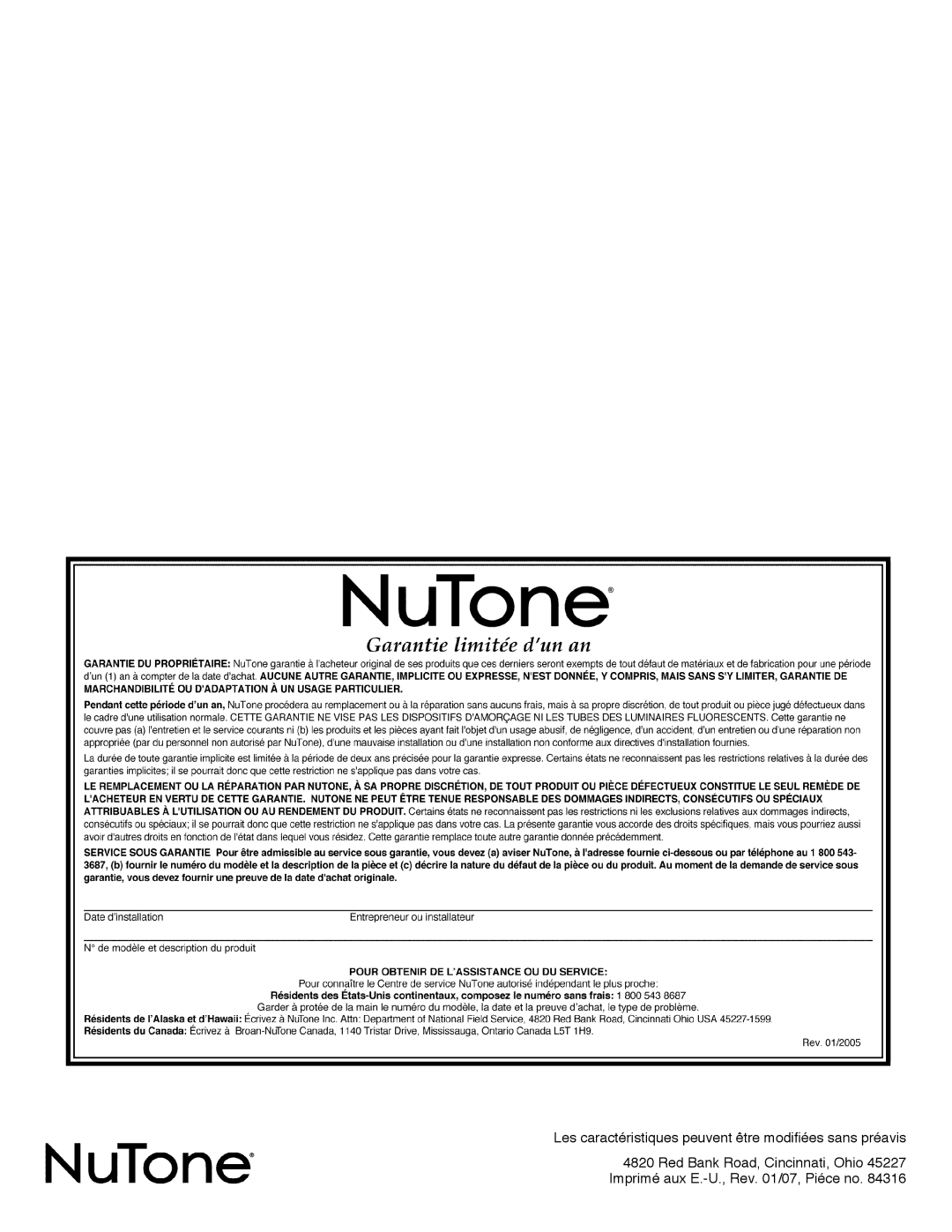 NuTone LA-52 Series installation instructions Les caractéristiques peuvent être modifiées sans préavis 