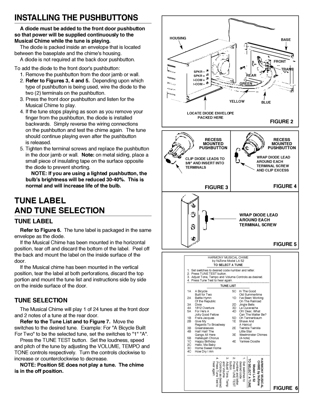 NuTone LA-52 Series installation instructions Installing the Pushbuttons, Tune Label Tune Selection 