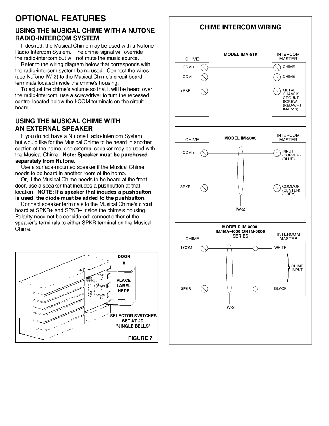 NuTone LA-52 Series Optional Features, Using the Musical Chime with a Nutone RADIO-INTERCOM System, Chime Intercom Wiring 