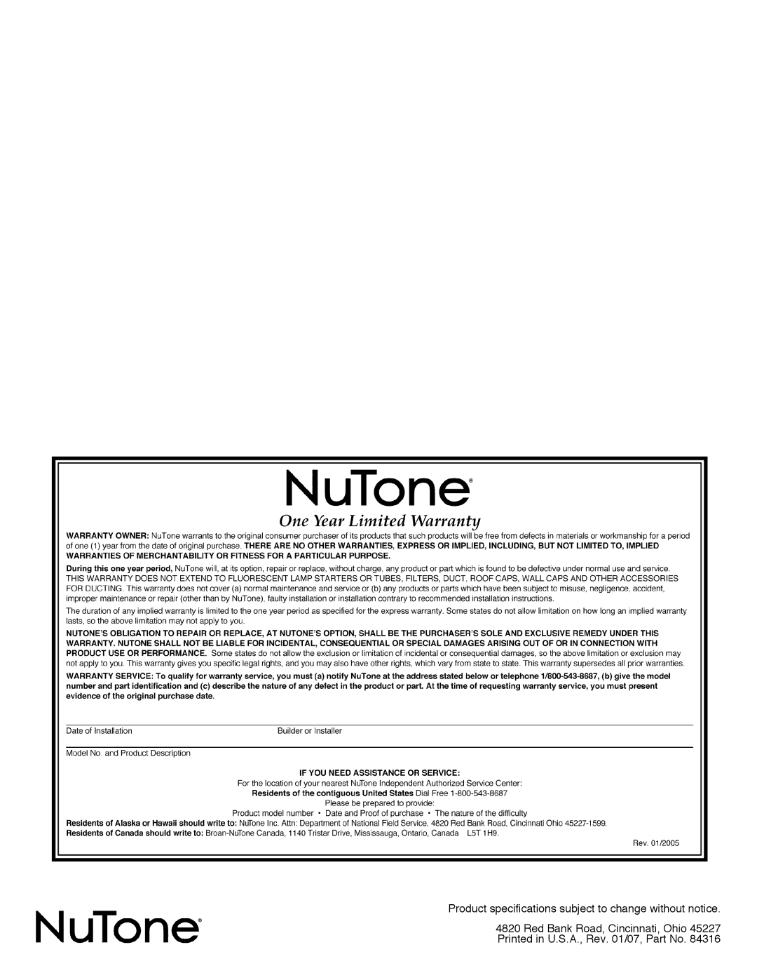 NuTone LA-52 Series installation instructions Product specifications subject to change without notice 