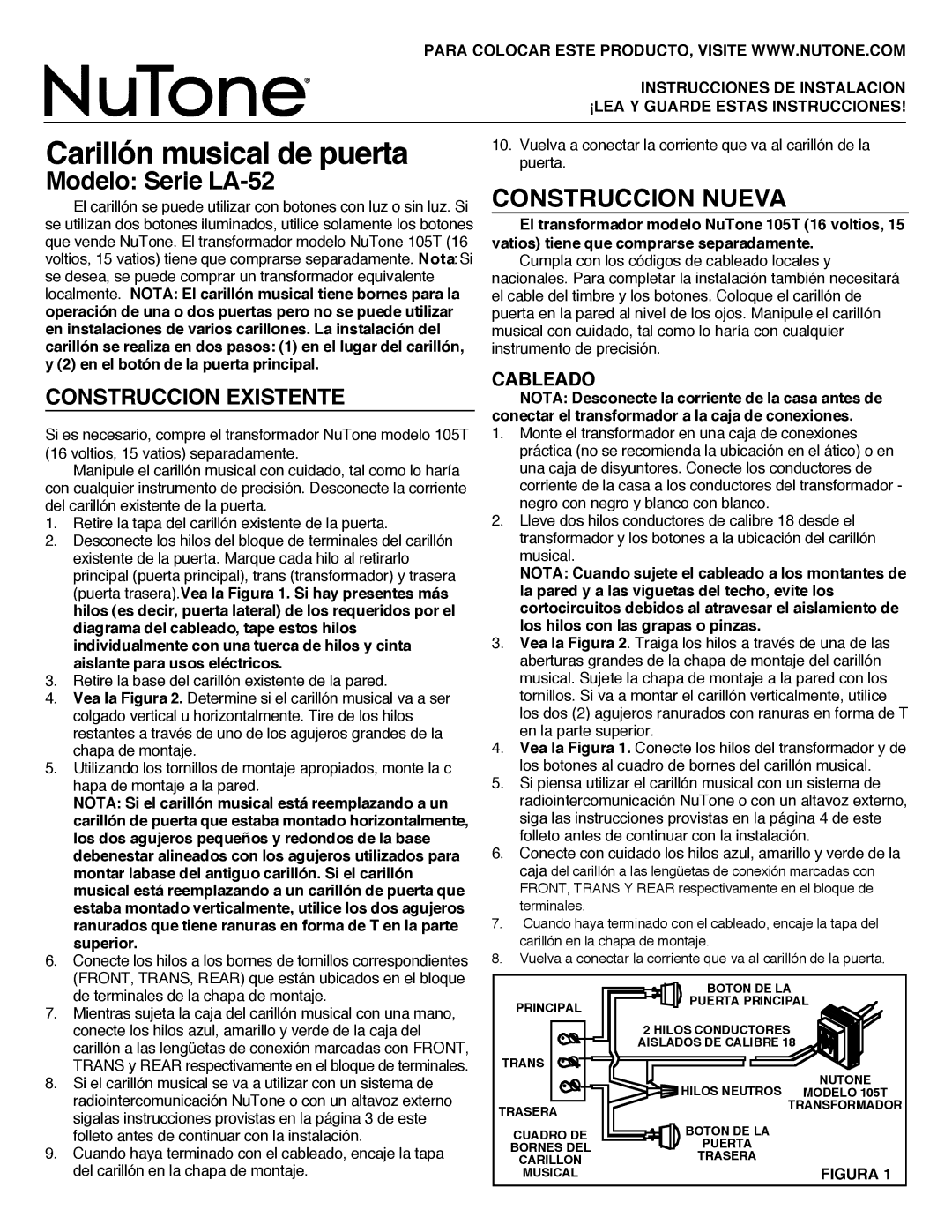 NuTone LA-52 Series installation instructions Carillón musical de puerta, Construccion Nueva, Cableado 