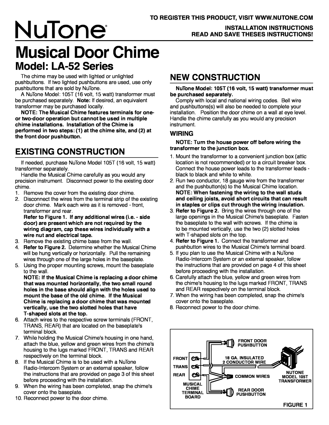 NuTone LA-52 Series installation instructions Musical Door Chime, Model LA-52Series, Existing Construction 