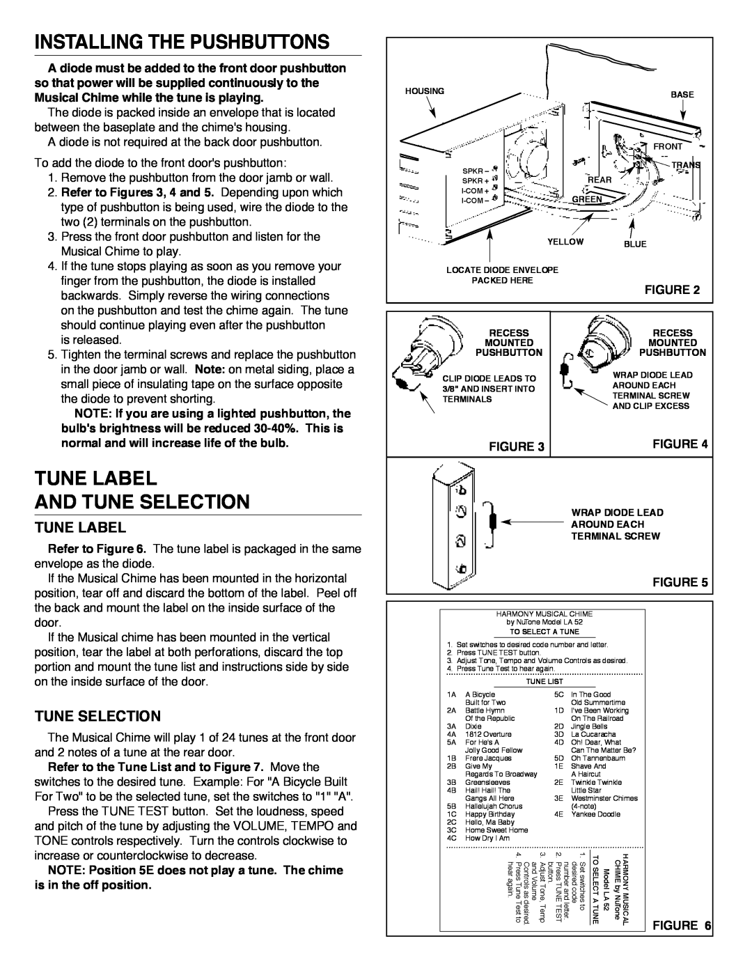 NuTone LA-52 Series installation instructions Installing The Pushbuttons, Tune Label And Tune Selection 