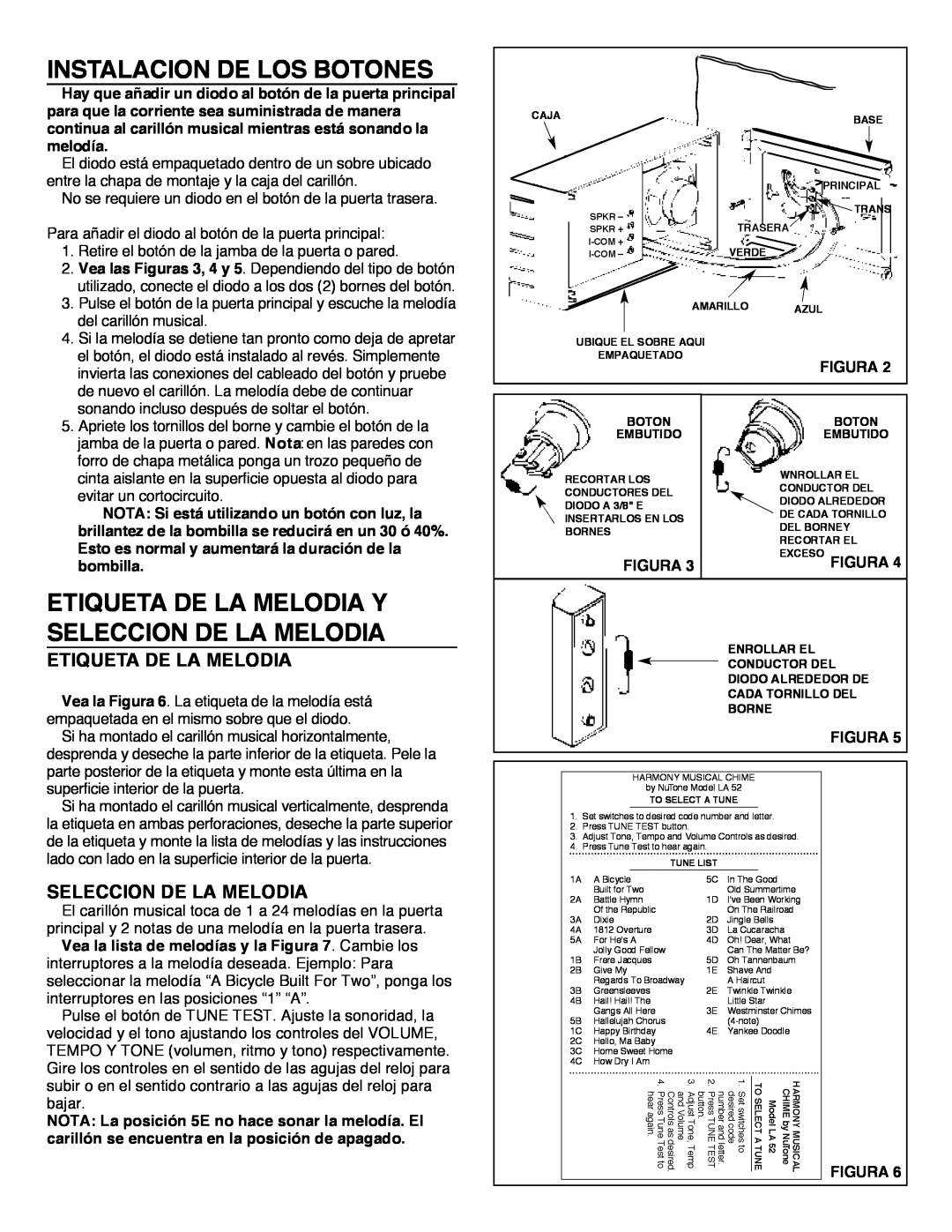 NuTone LA-52 Series installation instructions Instalacion De Los Botones, Etiqueta De La Melodia Y Seleccion De La Melodia 