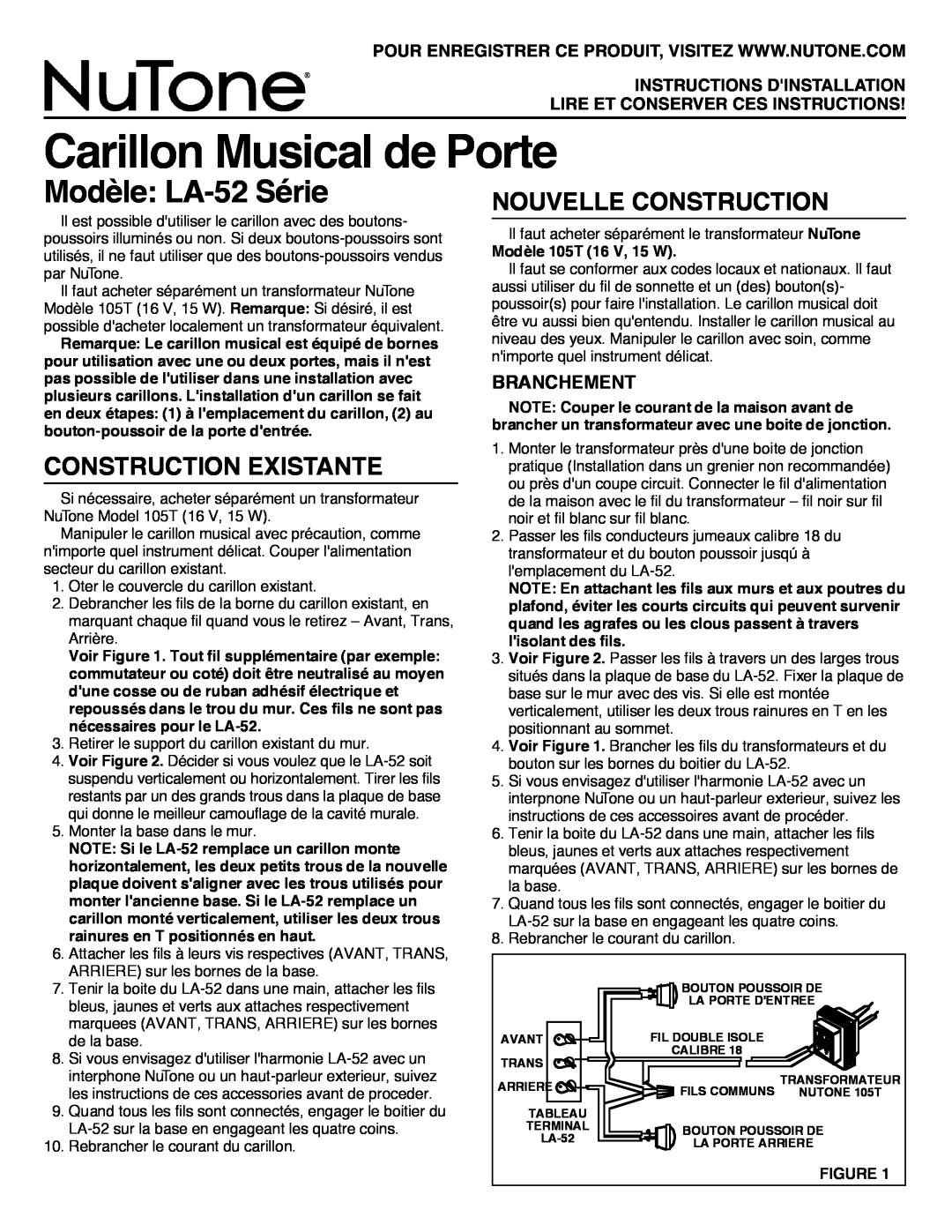 NuTone LA-52 Series Carillon Musical de Porte, Modèle LA-52Série, Construction Existante, Nouvelle Construction 