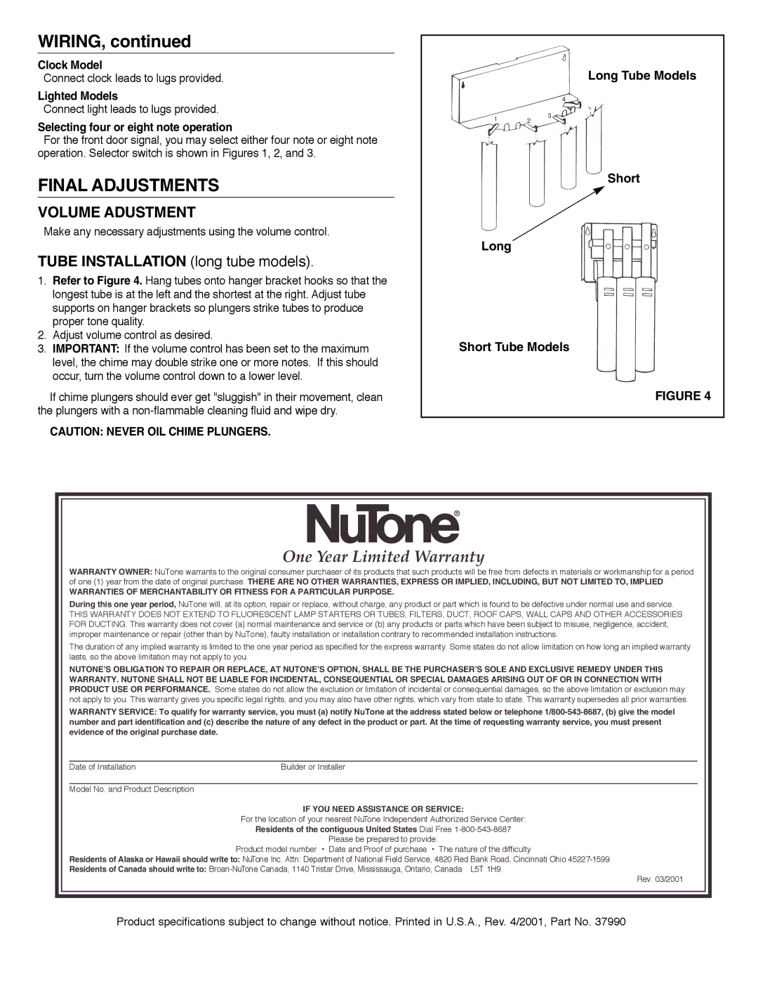 NuTone LA-58, LA-70MA, LB-46, LD-49 Final Adjustments, Clock Model, Lighted Models, Selecting four or eight note operation 