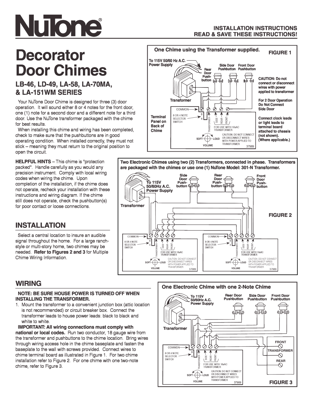 NuTone LB-46, LA-70MA, LA-58, LD-49 installation instructions Installation, Wiring, One Chime using the Transformer supplied 