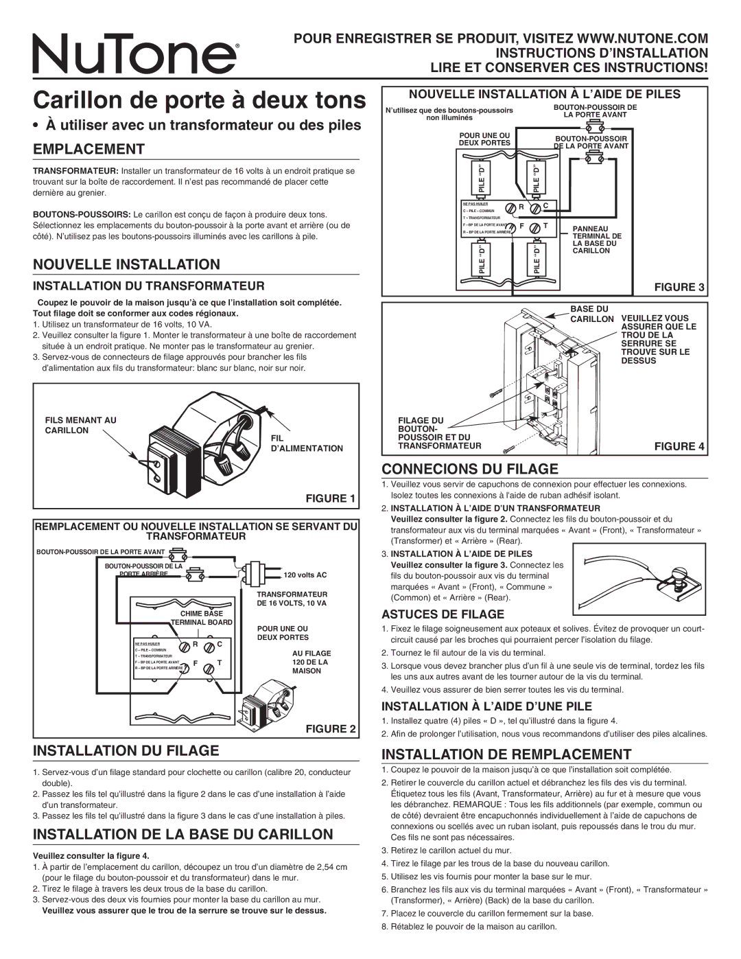 NuTone LA107WH installation instructions Emplacement, Nouvelle Installation, Connecions DU Filage, Installation DU Filage 