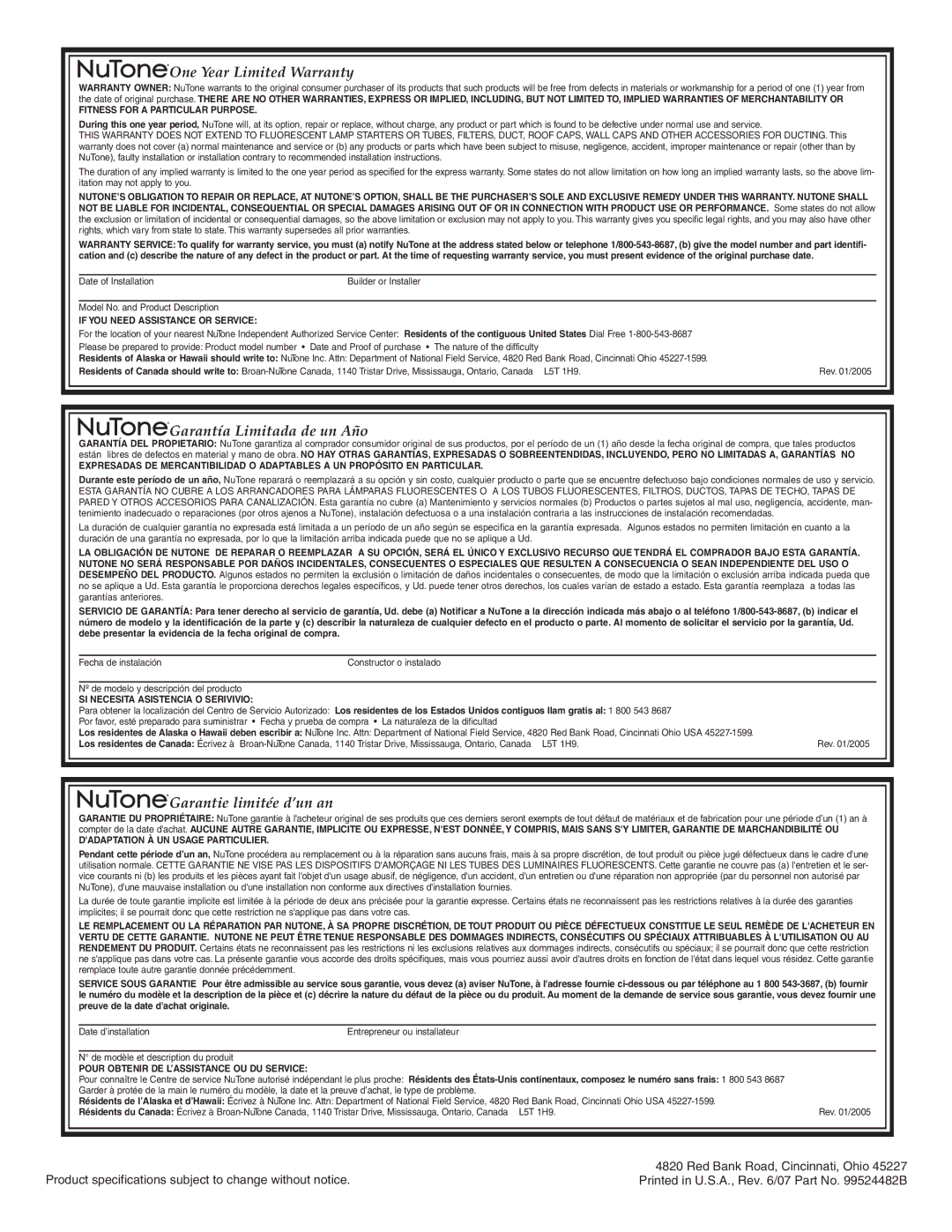 NuTone LA107WH installation instructions One Year Limited Warranty 