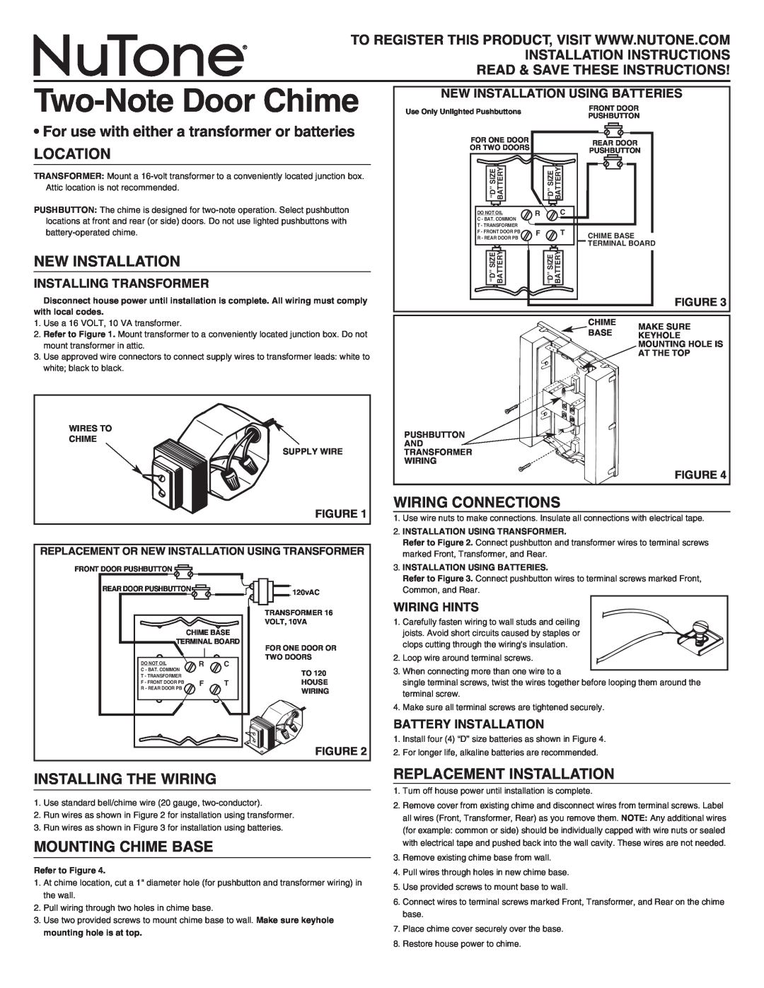 NuTone LA107WH installation instructions For use with either a transformer or batteries, Location, New Installation 
