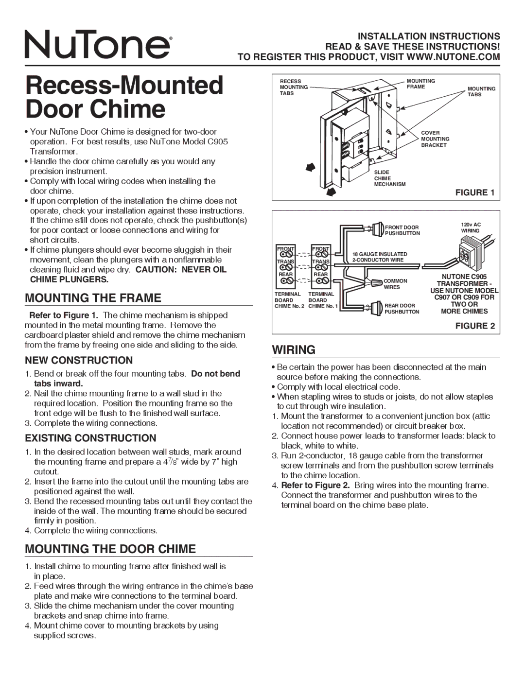 NuTone LA14WH installation instructions Mounting the Frame, Wiring, Mounting the Door Chime, New Construction 