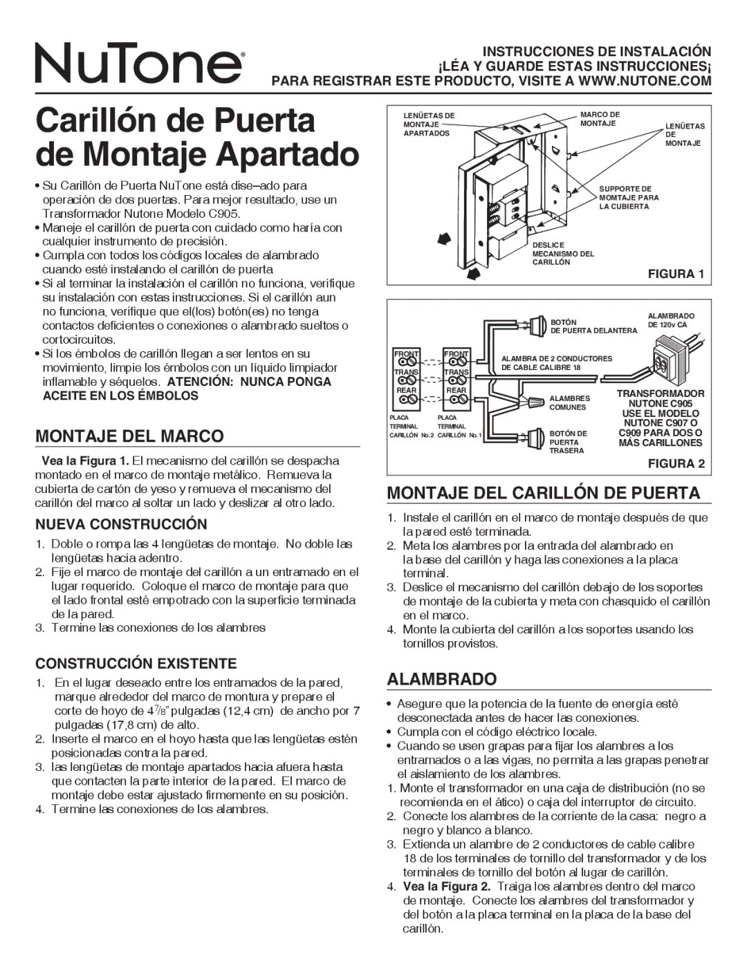 NuTone LA14WH Montaje DEL Marco, Montaje DEL Carillón DE Puerta, Alambrado, Nueva ConstrucCIÓN, ConstrucCiÓn Existente 