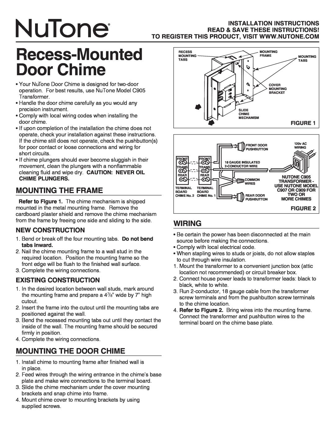 NuTone LA14WH installation instructions Mounting The Frame, Wiring, Mounting The Door Chime, New Construction 