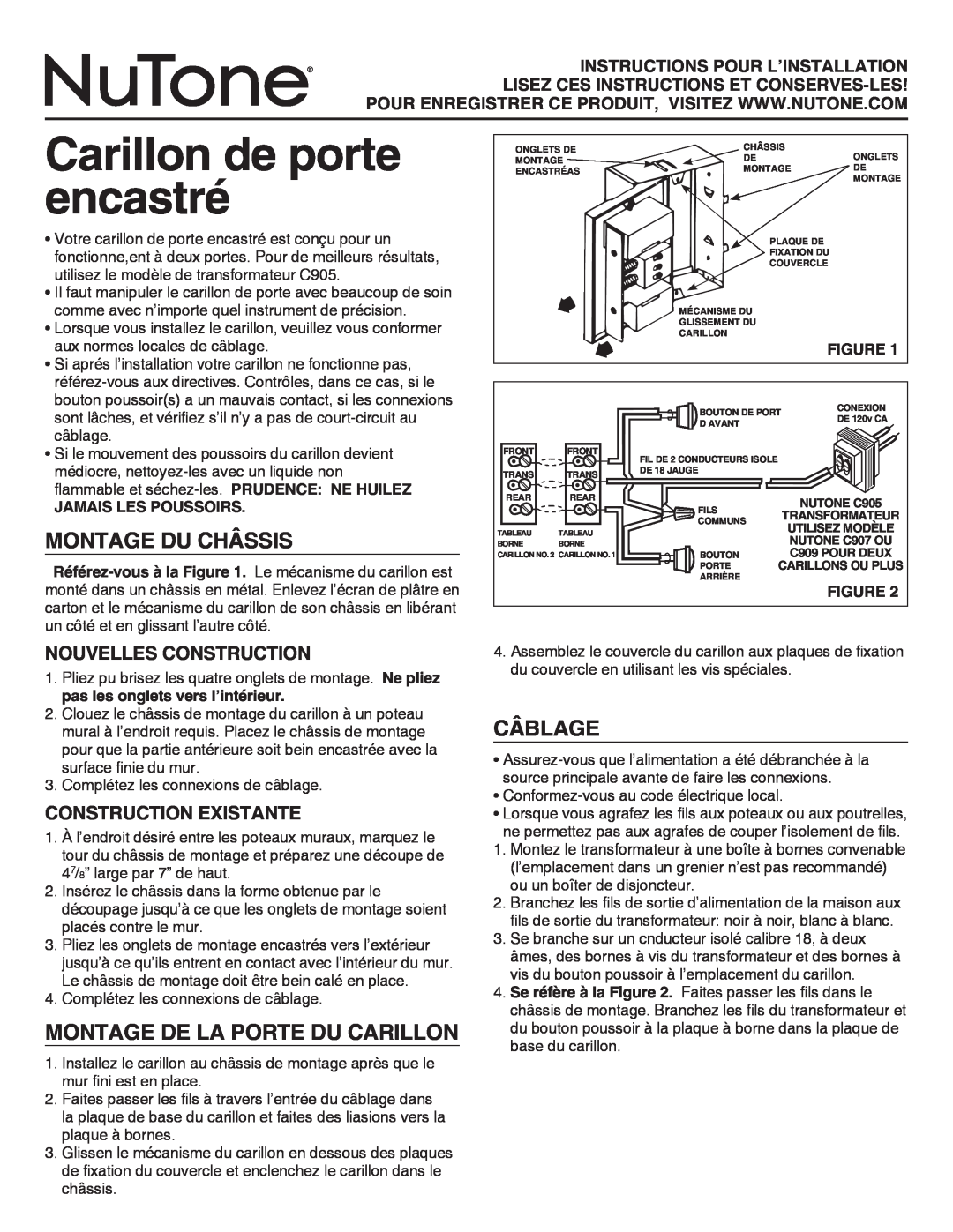 NuTone LA14WH Montage Du Châssis, Montage De La Porte Du Carillon, Câblage, NOUVELLES Construction, Construction EXISTANTE 