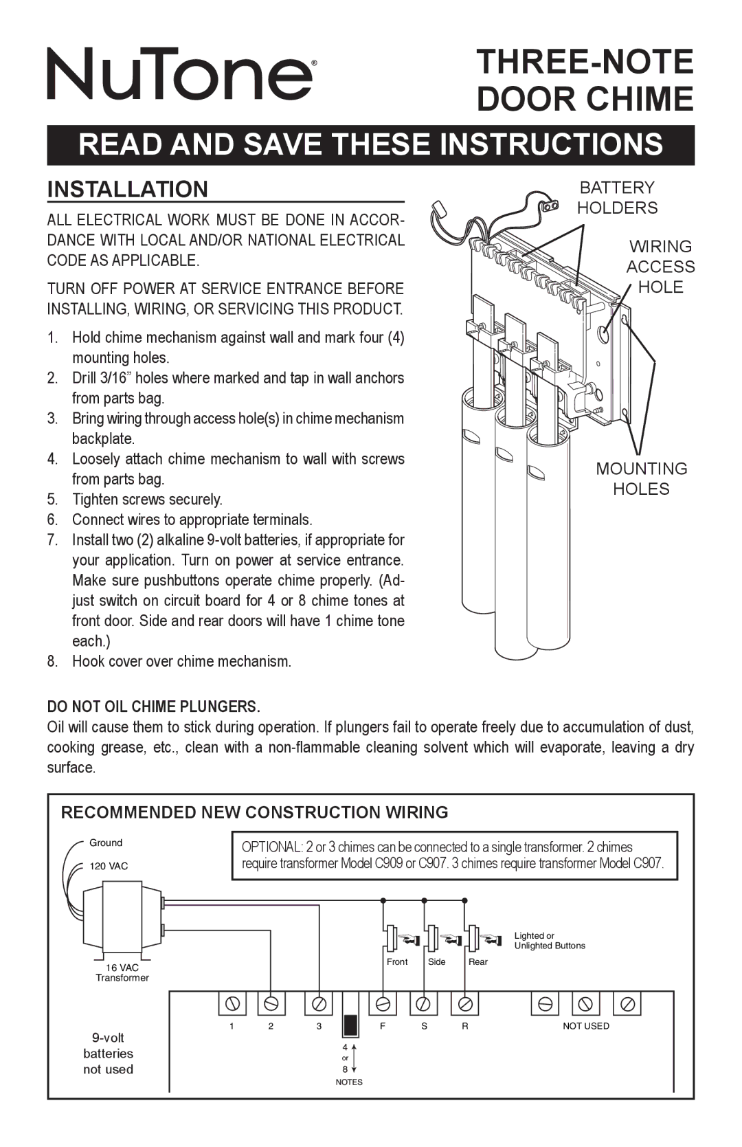 NuTone LA310CY manual Read and Save These Instructions, Installation, Do not OIL Chime Plungers 