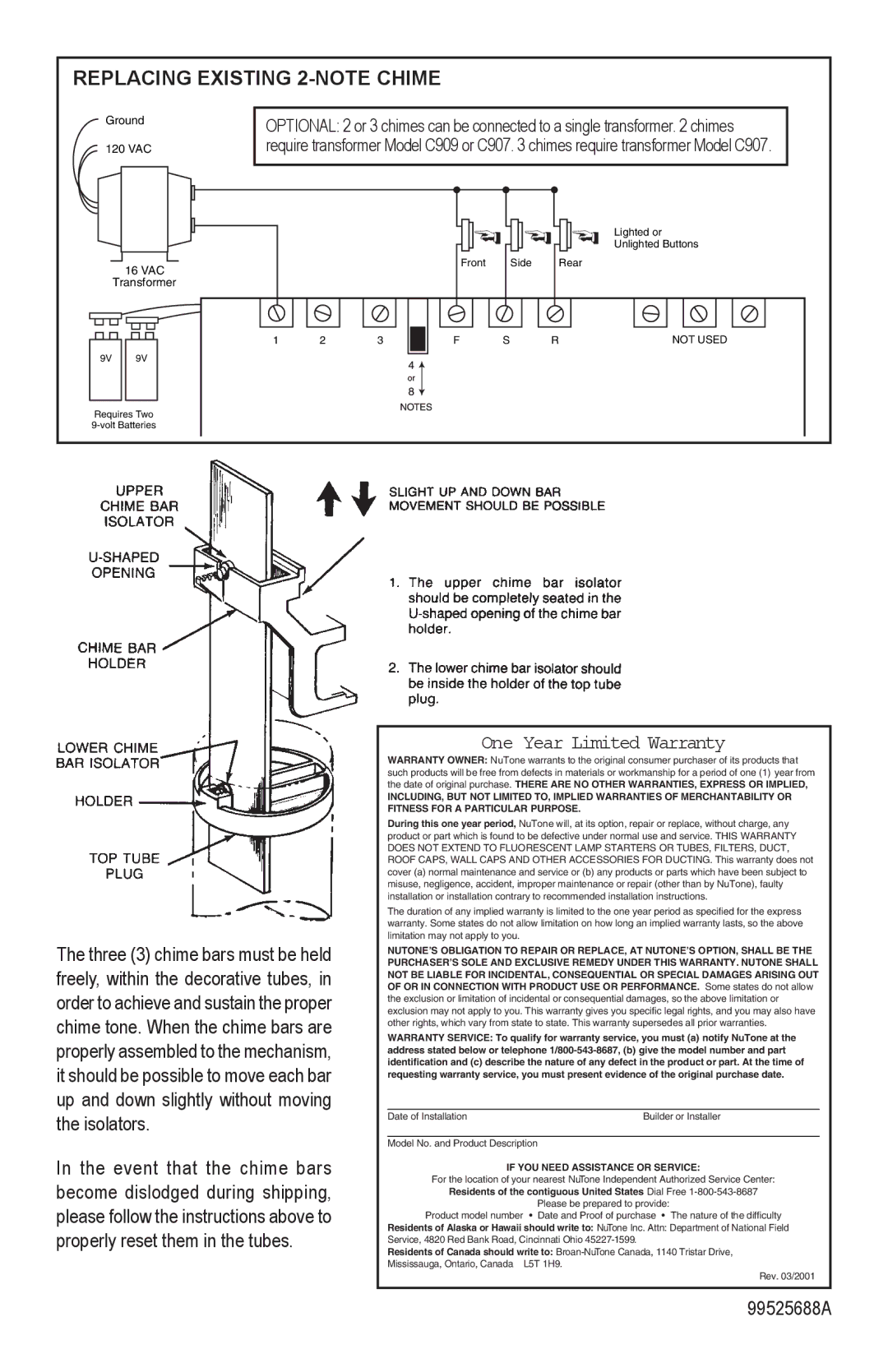 NuTone LA310CY manual Replacing Existing 2-NOTE Chime, If YOU Need Assistance or Service 