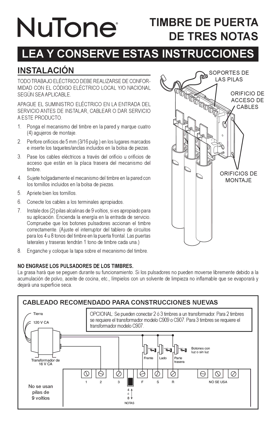 NuTone LA310CY manual LEA Y Conserve Estas Instrucciones, Instalación, Cableado Recomendado Para Construcciones Nuevas 