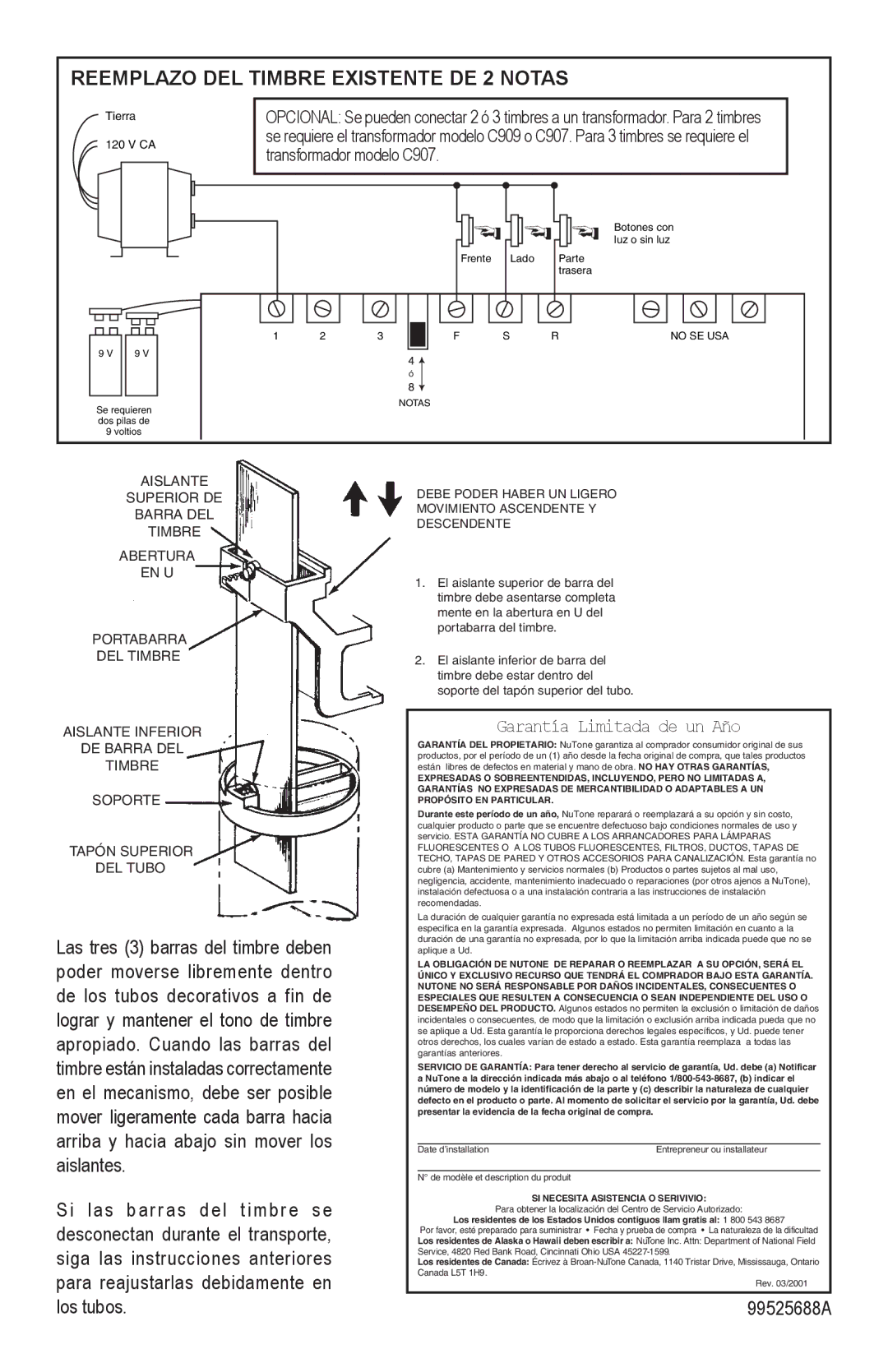 NuTone LA310CY manual Reemplazo DEL Timbre Existente DE 2 Notas, SI Necesita Asistencia O Serivivio 