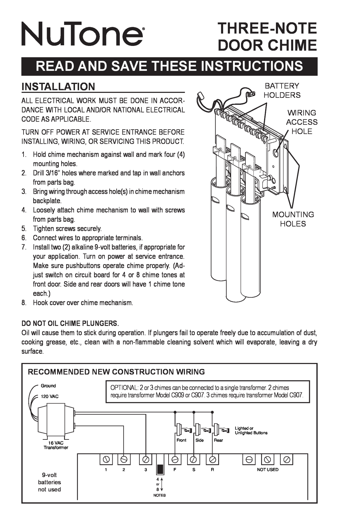 NuTone LA310CY manual Read And Save These Instructions, Installation, Do Not Oil Chime Plungers, Three-Note Door Chime 