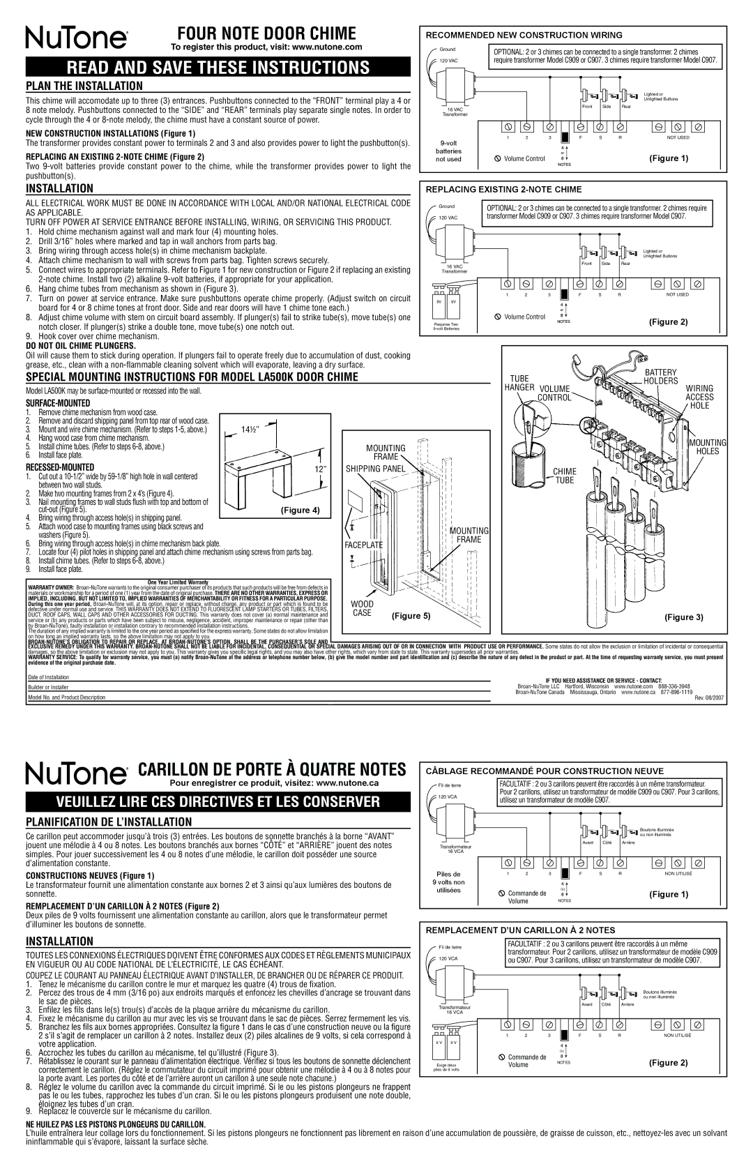 NuTone LA500K warranty Recommended NEW Construction Wiring, Replacing Existing 2-NOTE Chime, Do not OIL Chime Plungers 