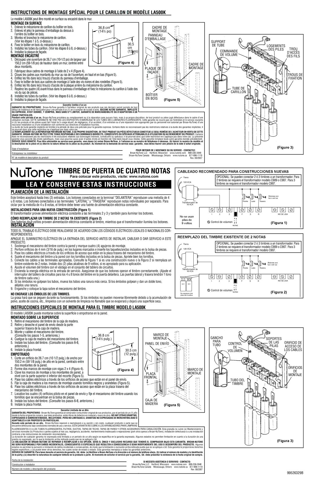 NuTone LA501CY, LA500K warranty Cableado Recomendado Para Construcciones Nuevas, Reemplazo DEL Timbre Existente DE 2 Notas 