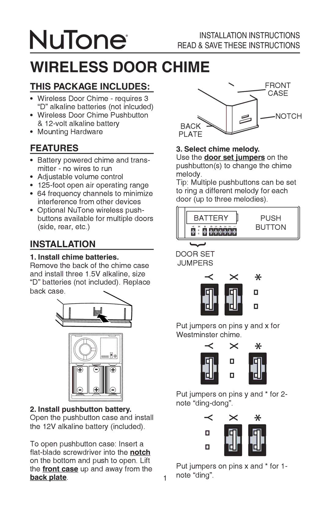 NuTone 99526440A, LA522WH installation instructions Wireless Door Chime, Features, Installation 