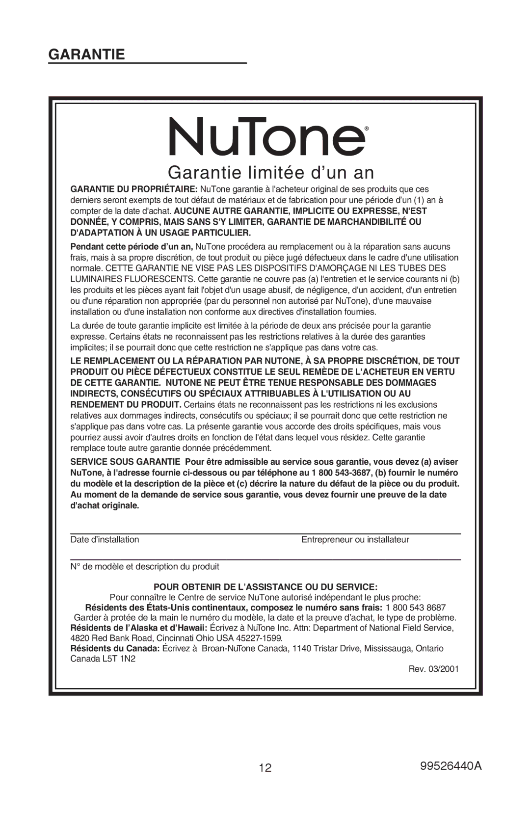 NuTone LA522WH, 99526440A installation instructions Garantie limitée d’un an, Pour Obtenir DE L’ASSISTANCE OU DU Service 