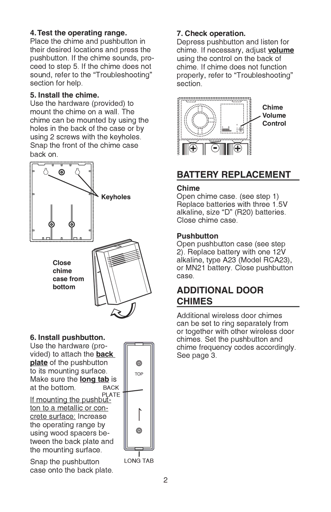 NuTone LA522WH, 99526440A installation instructions Battery Replacement, Additional Door Chimes 