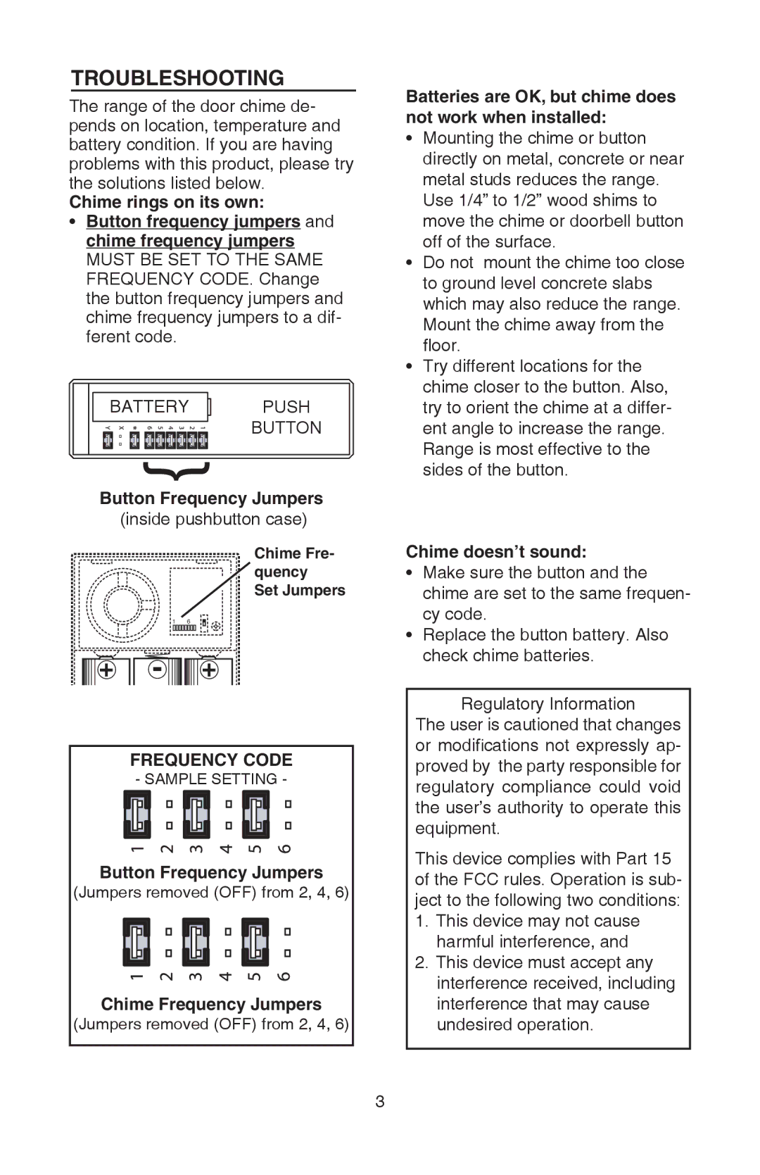 NuTone 99526440A, LA522WH Troubleshooting, Button Frequency Jumpers, Chime Frequency Jumpers, Chime doesn’t sound 