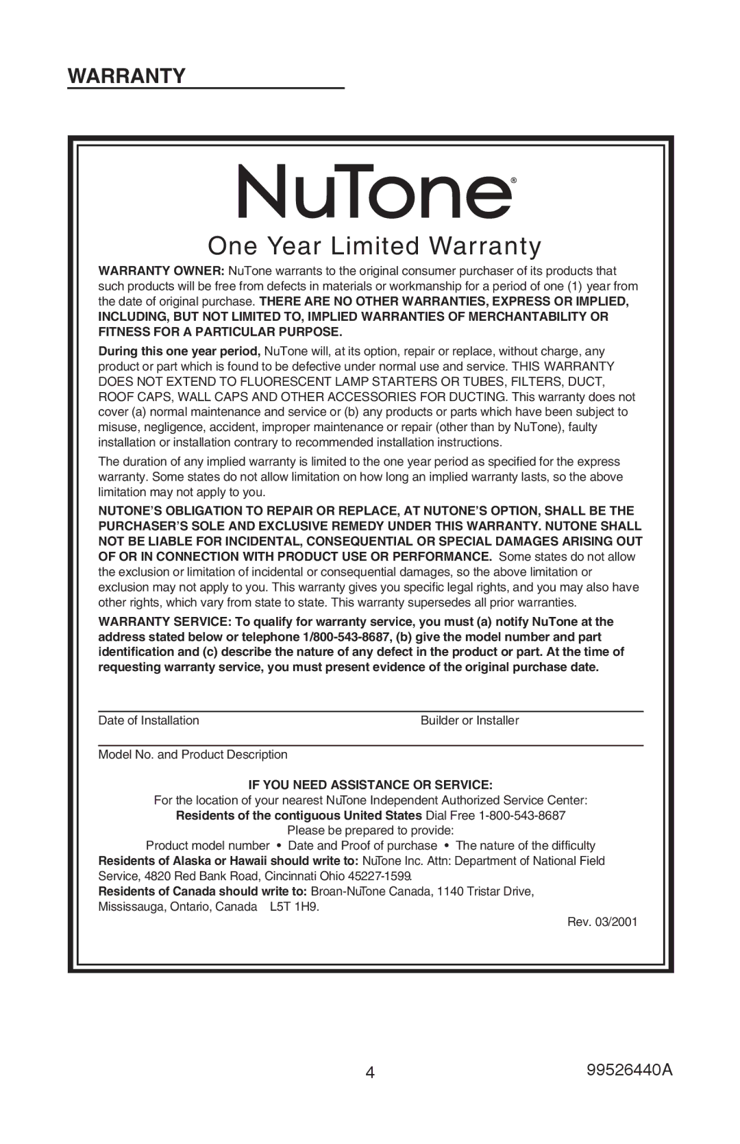 NuTone LA522WH installation instructions One Year Limited Warranty, 99526440A, If YOU Need Assistance or Service 