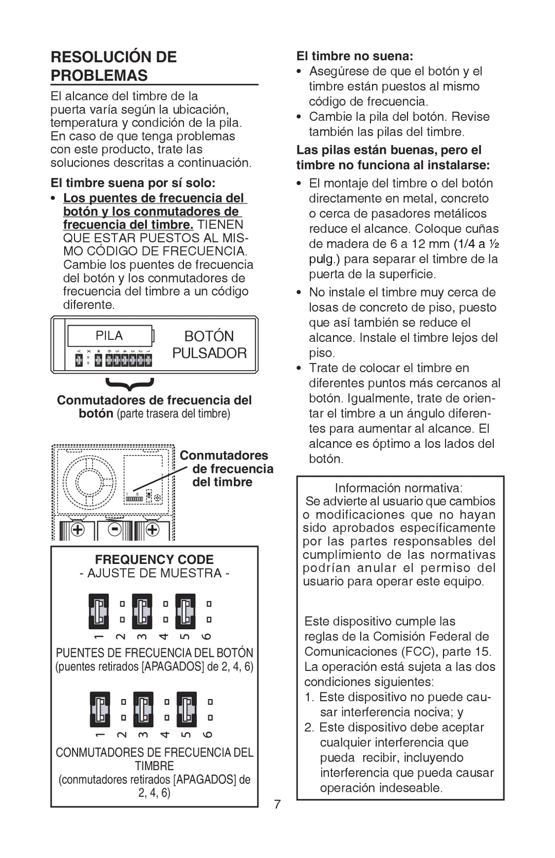 NuTone 99526440A, LA522WH Resolución DE Problemas, Pila Botón, Ajuste DE Muestra, El timbre no suena 