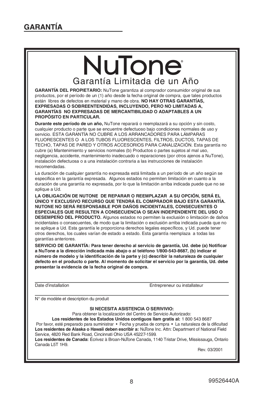 NuTone LA522WH, 99526440A installation instructions Garantía Limitada de un Año, SI Necesita Asistencia O Serivivio 