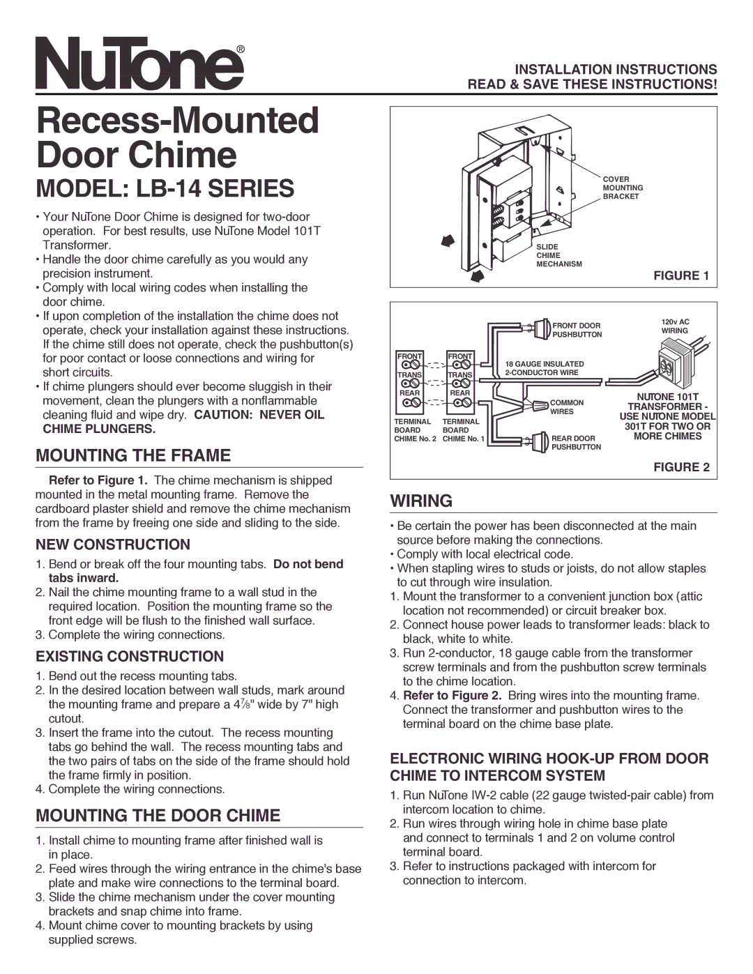 NuTone LB-14 installation instructions Mounting the Frame, Mounting the Door Chime, Wiring, NEW Construction 