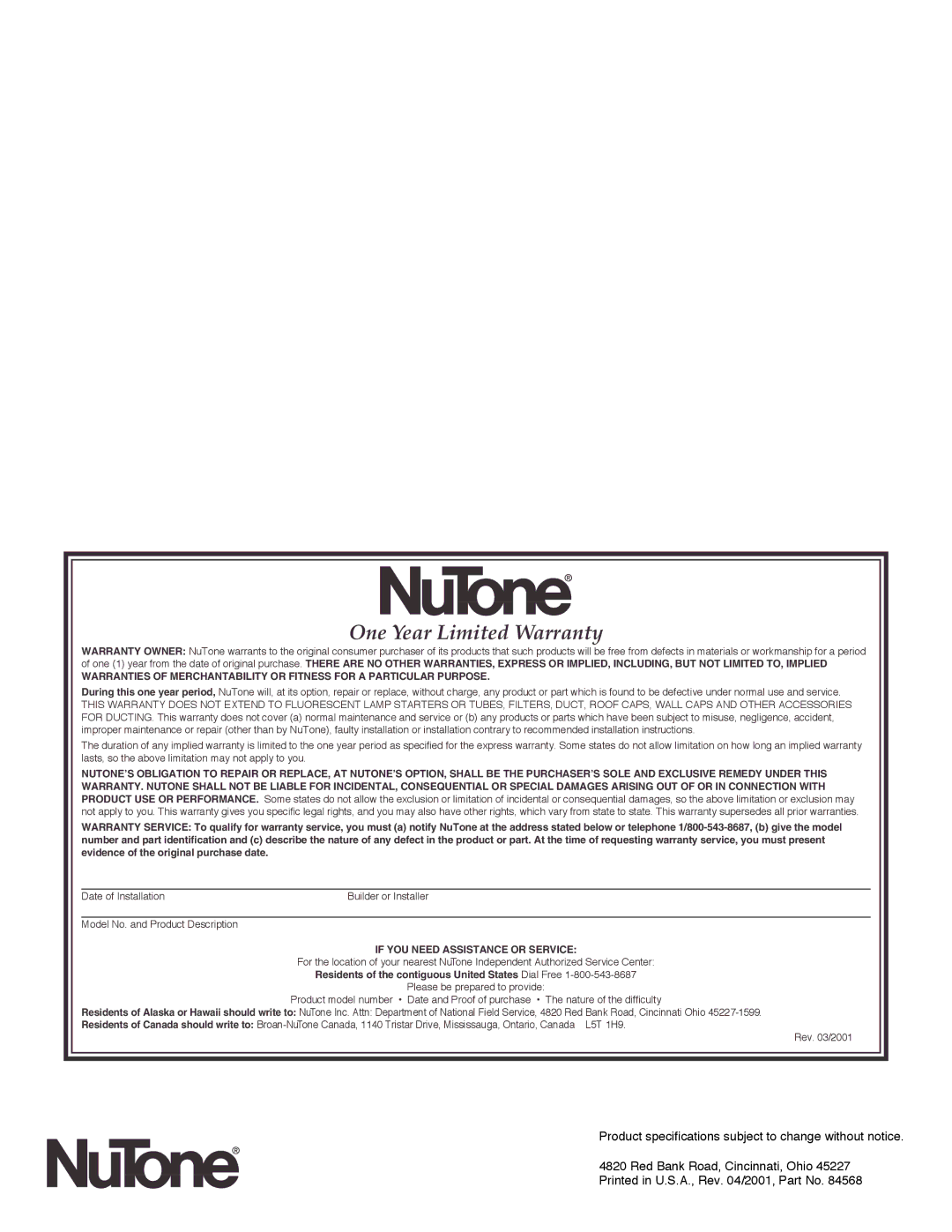 NuTone LB-14 installation instructions One Year Limited Warranty 