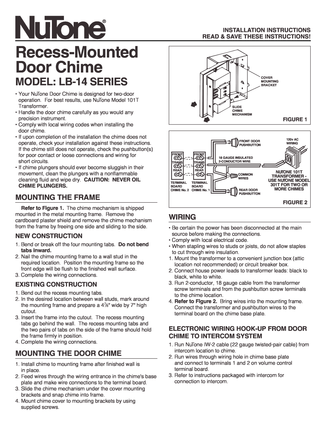 NuTone installation instructions Recess-MountedDoor Chime, MODEL LB-14SERIES, Mounting The Frame, Wiring 