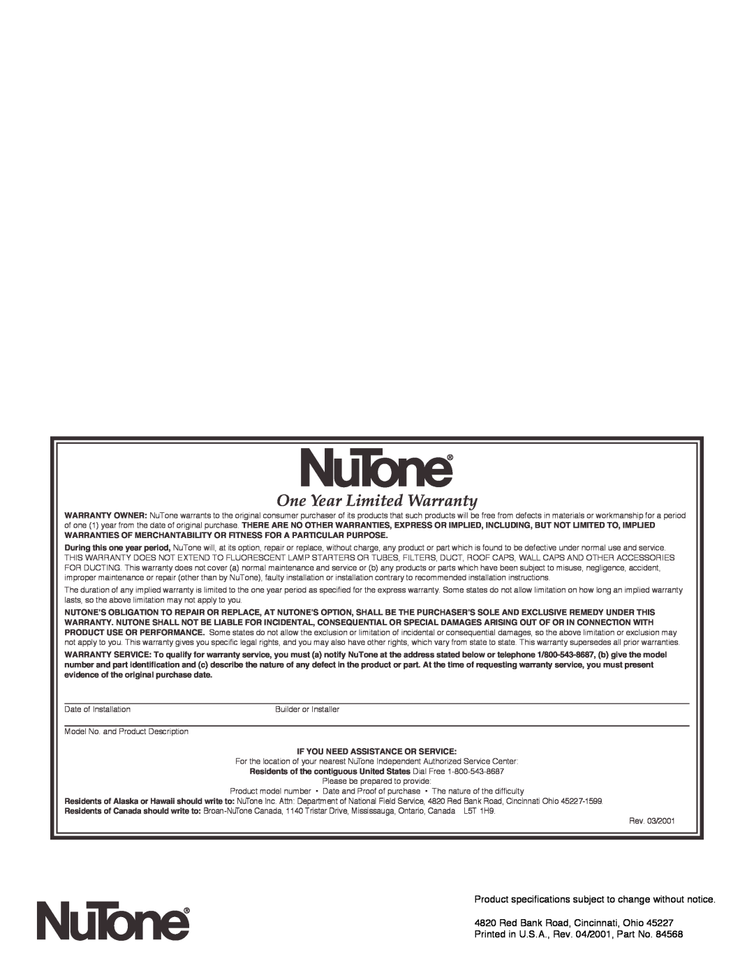 NuTone LB-14 installation instructions One Year Limited Warranty, Red Bank Road, Cincinnati, Ohio 