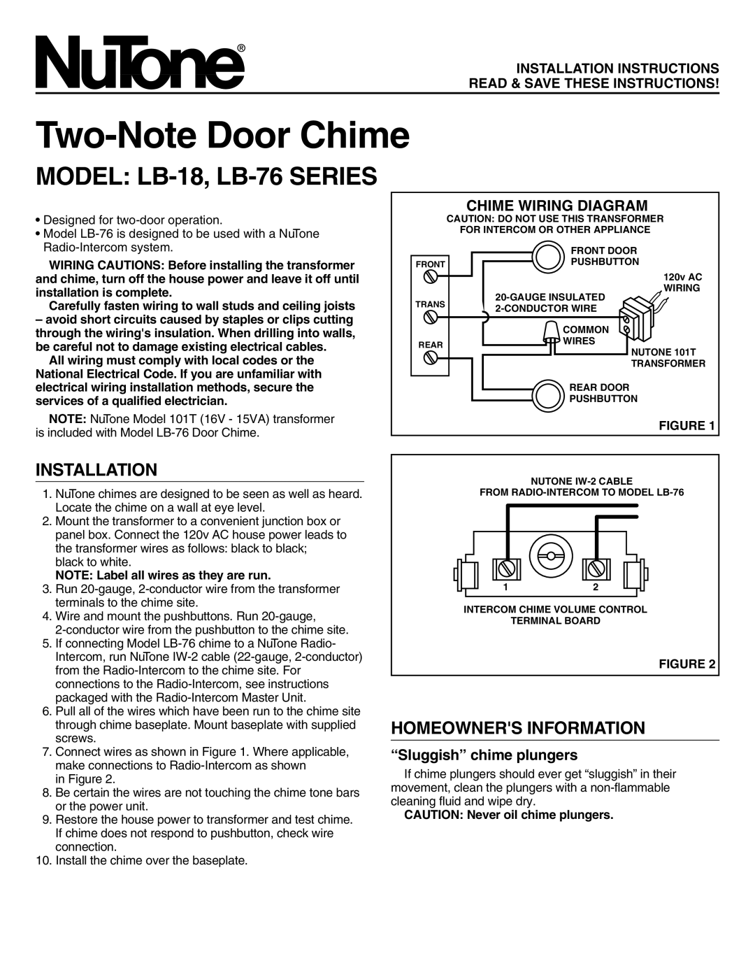 NuTone installation instructions Two-Note Door Chime, Model LB-18, LB-76 Series, Installation, Homeowners Information 