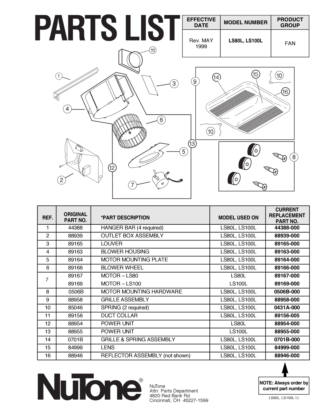 NuTone important safety instructions LS80L, LS100L, Current part number 