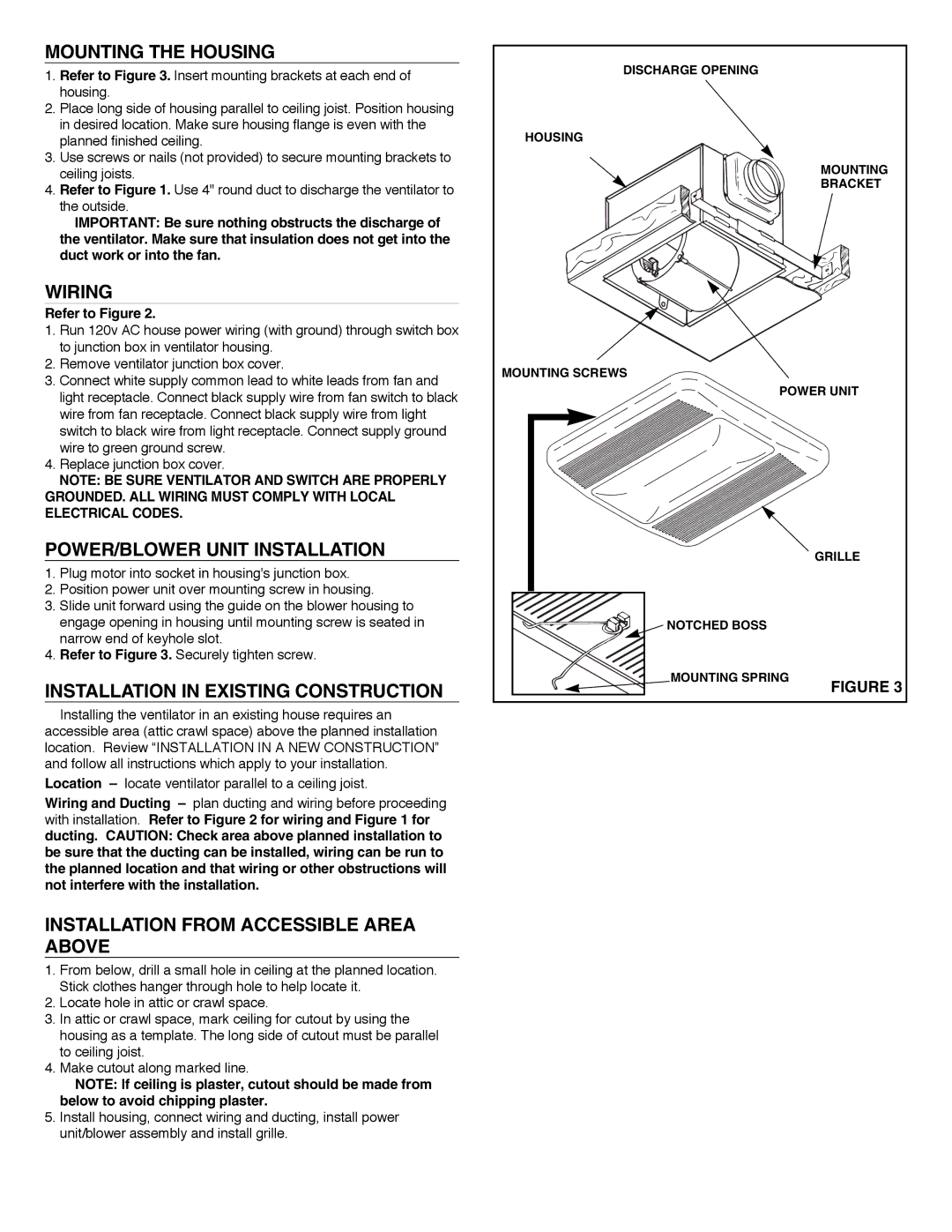 NuTone LS80L, LS100L Mounting the Housing, Wiring, POWER/BLOWER Unit Installation, Installation in Existing Construction 