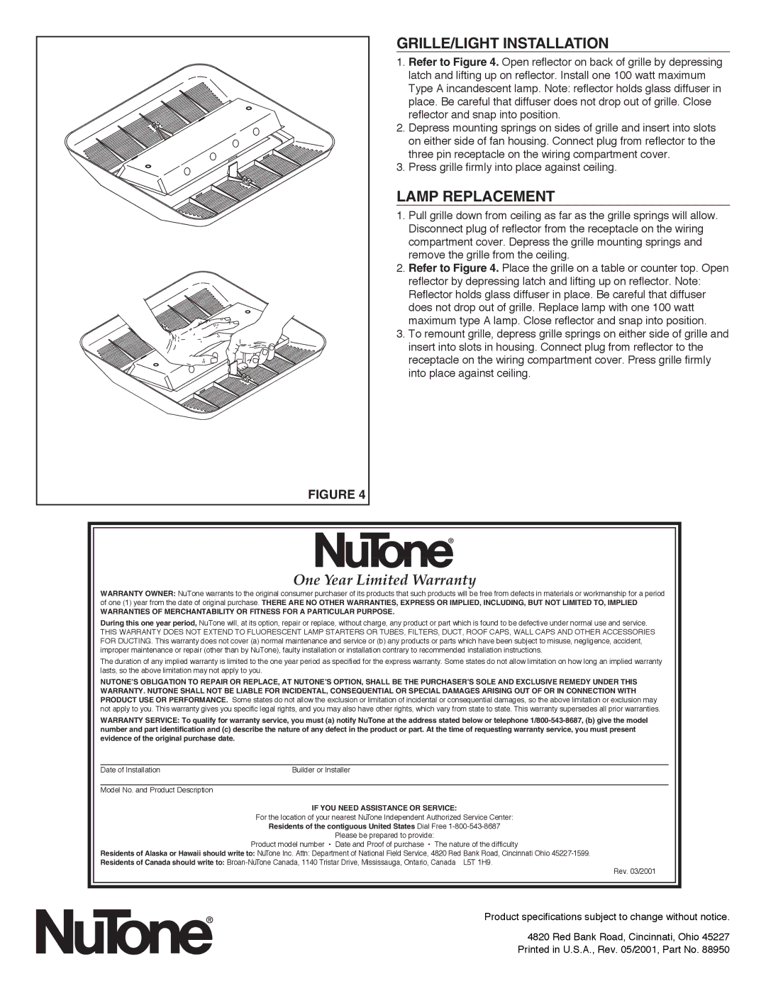 NuTone LS100L, LS80L important safety instructions GRILLE/LIGHT Installation, Lamp Replacement 