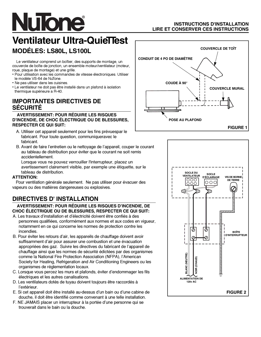 NuTone LS80L, LS100L important safety instructions Ventilateur Ultra-QuieTTest 