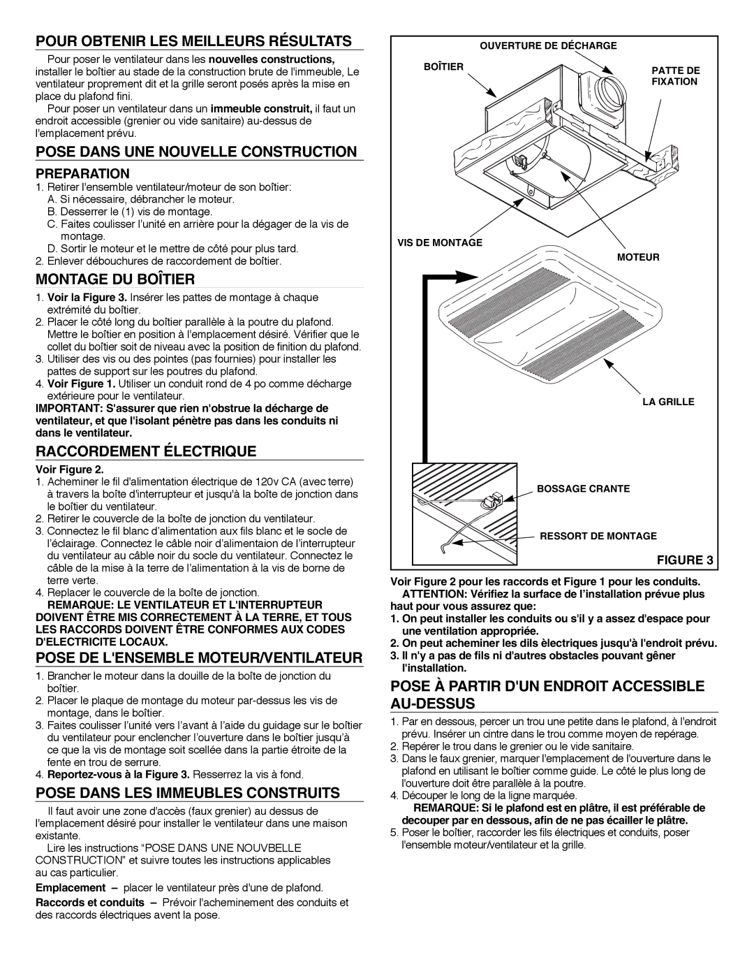 NuTone LS100L, LS80L Pour Obtenir LES Meilleurs Résultats, Pose Dans UNE Nouvelle Construction, Montage DU Boîtier 