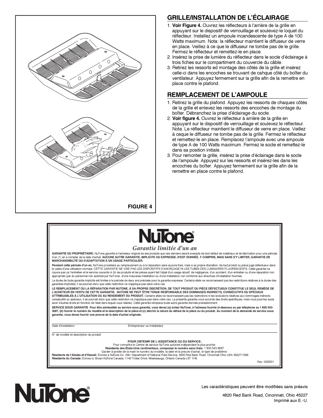 NuTone LS80L, LS100L important safety instructions Grille/Installation De L’Éclairage, Remplacement DE L’AMPOULE 