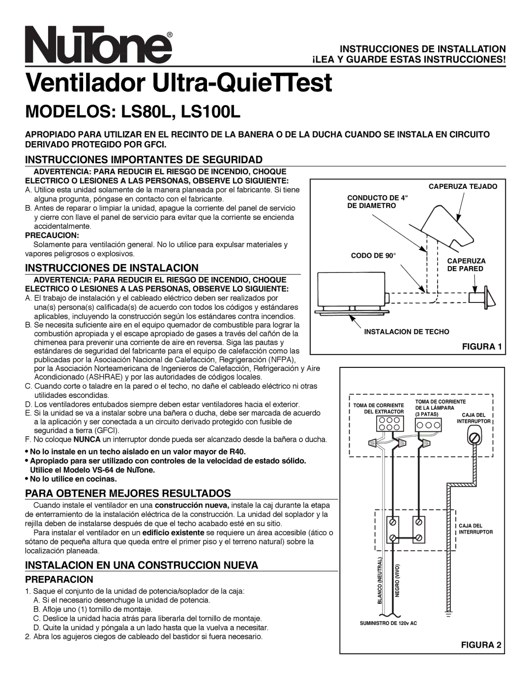 NuTone LS100L, LS80L Instrucciones Importantes DE Seguridad, Instrucciones DE Instalacion, Para Obtener Mejores Resultados 