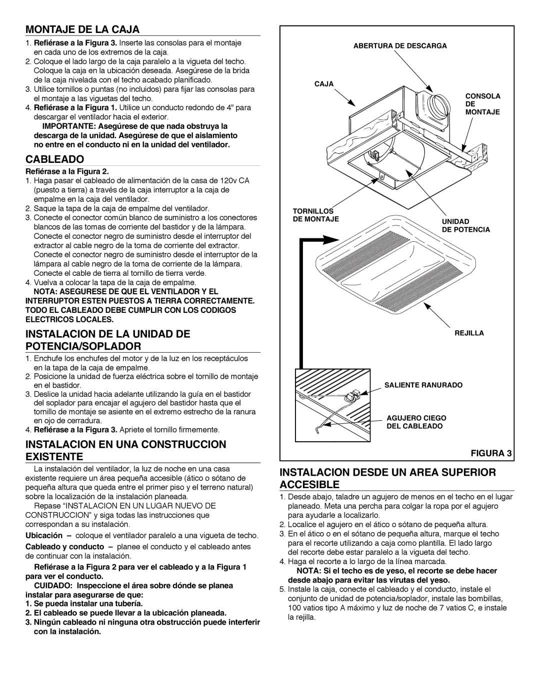 NuTone LS80L, LS100L Montaje DE LA Caja, Cableado, Instalacion DE LA Unidad DE POTENCIA/SOPLADOR 