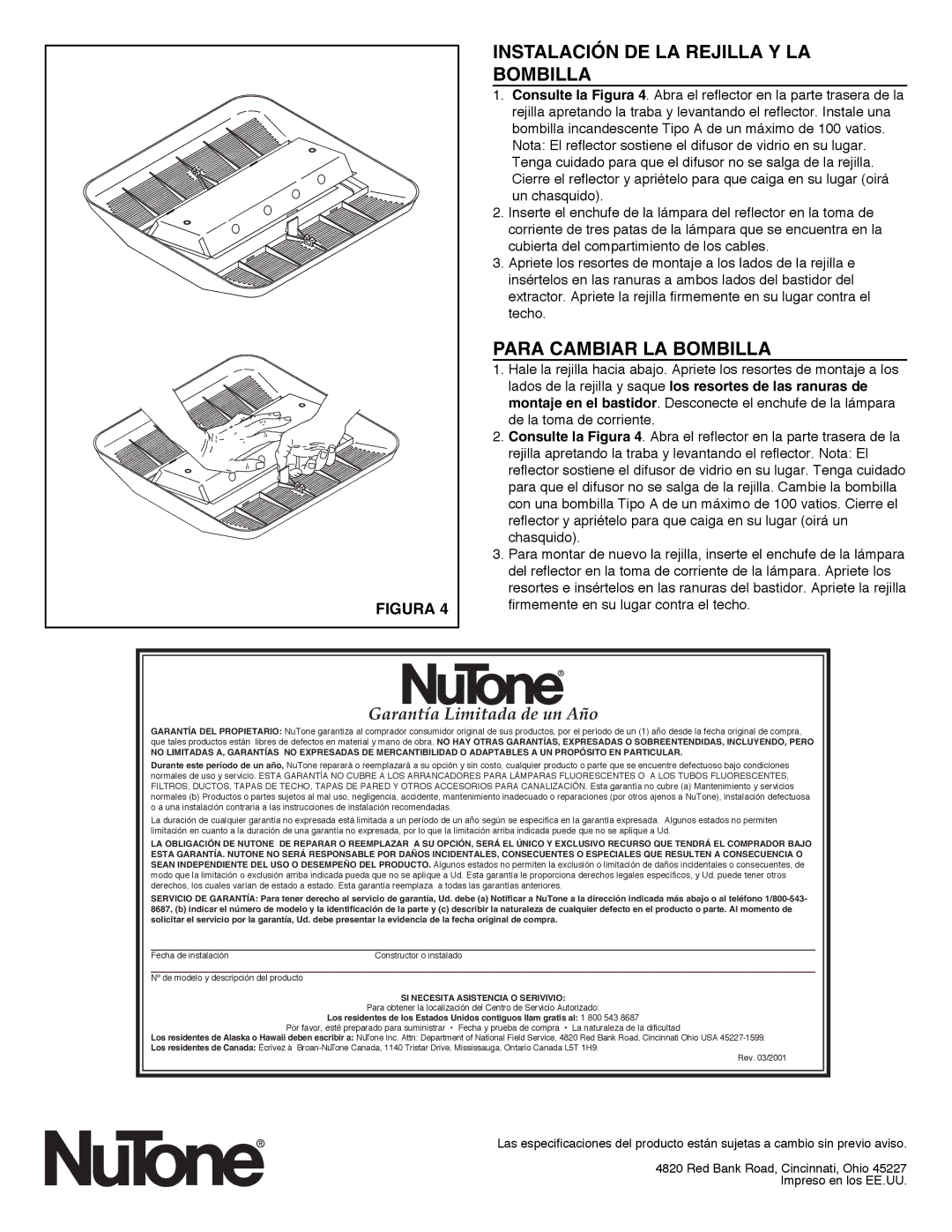 NuTone LS100L, LS80L important safety instructions Instalación DE LA Rejilla Y LA Bombilla, Para Cambiar LA Bombilla 