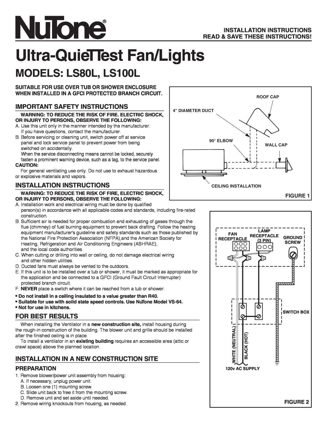 NuTone important safety instructions Ultra-QuieTTestFan/Lights, MODELS LS80L, LS100L, Important Safety Instructions 