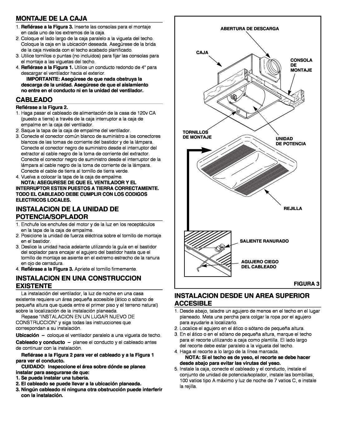 NuTone LS80L, LS100L Montaje De La Caja, Cableado, Instalacion De La Unidad De Potencia/Soplador, Figura 