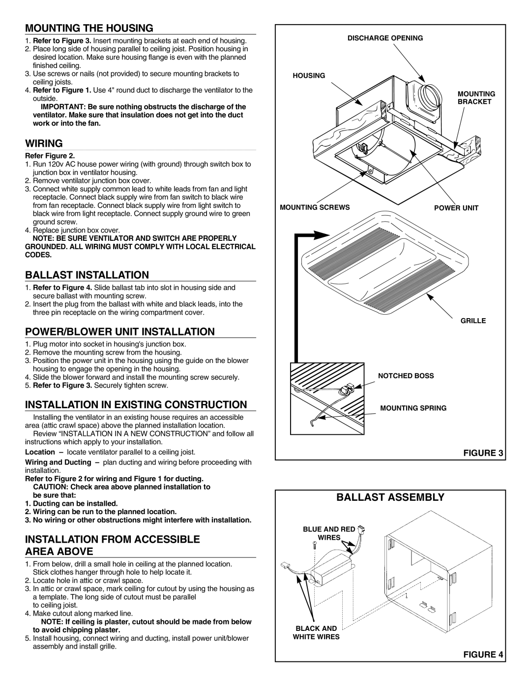 NuTone LS80LF Mounting the Housing, Wiring, Ballast Installation, POWER/BLOWER Unit Installation, Ballast Assembly 